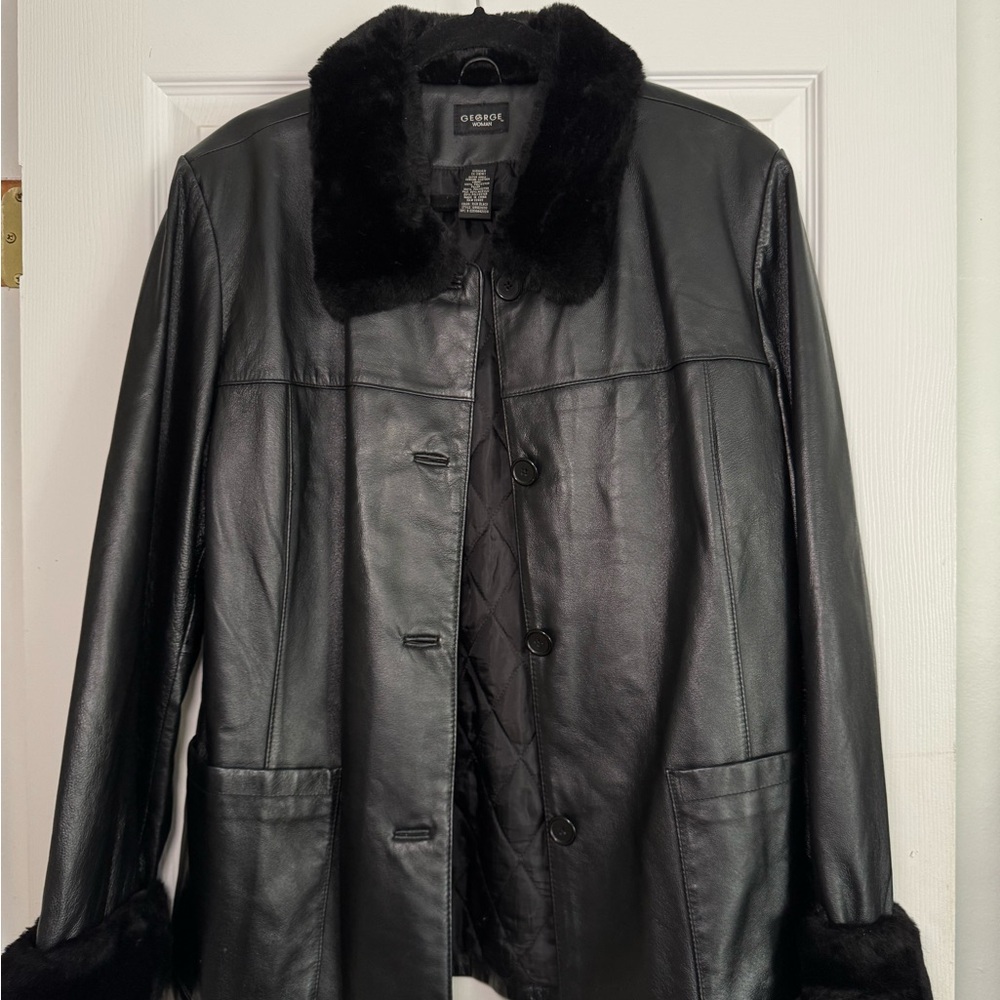 Black George genuine leather jacket with fur trim